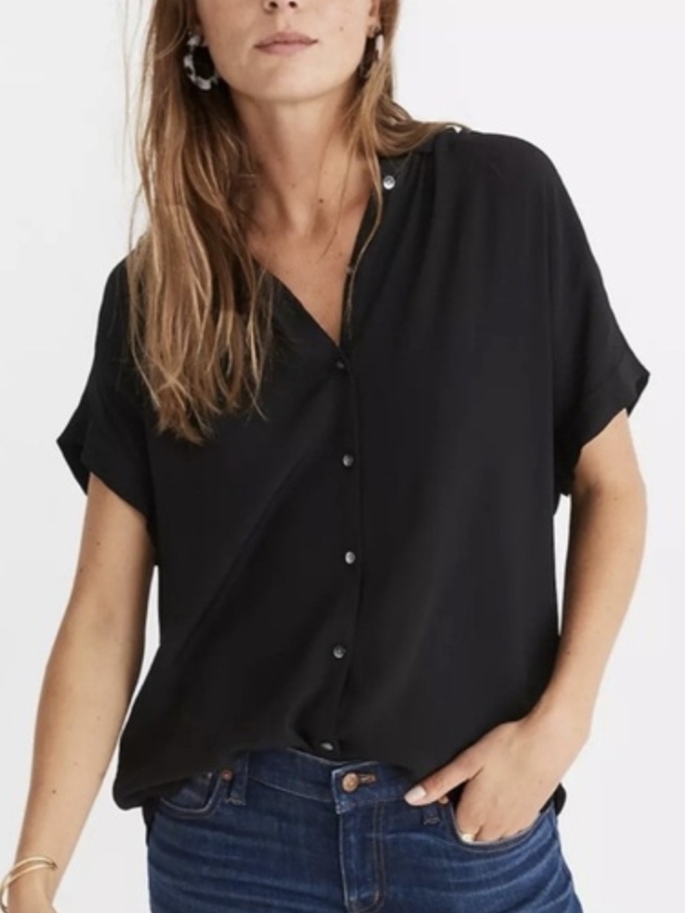 Madewell Black Short-Sleeve Button-Front Blouse
